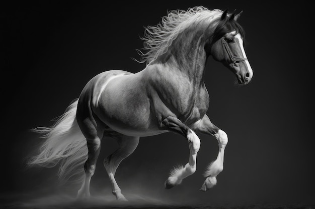 흐릿한 배경 위에 있는 아름다운 춤추는 말의 흑백 사진
