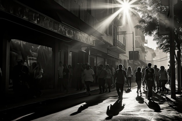 Black and white photograph of a bustling street scene capturing the fleeting moments of human interaction and the contrasts of light and shadow