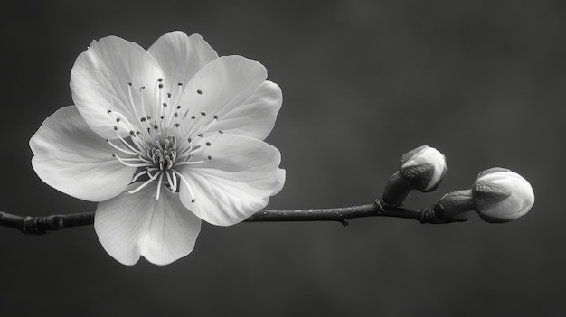 Black and white photograph of a cherry blossom