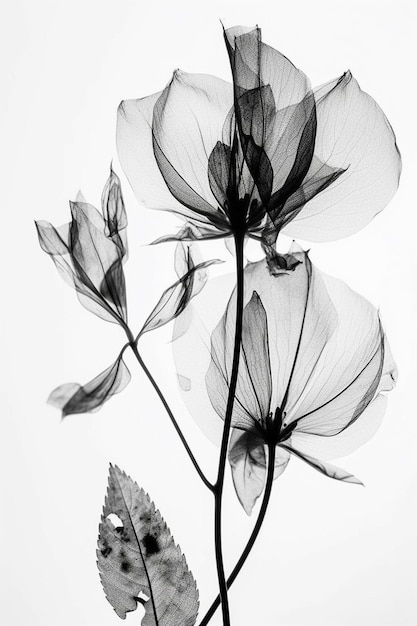 A black and white photograph of a flower with a leaf on it.