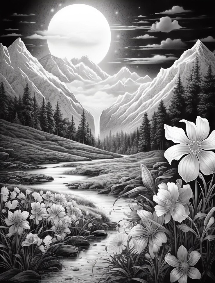 फोटो a black and white photograph of a mountain landscape with flowers and mountains