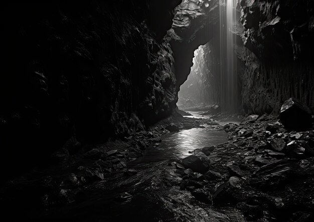 A black and white photograph of a narrow passage in the cave emphasizing the contrast between