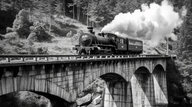 A black and white photograph of old steam train on the arch bridge