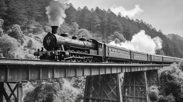 A black and white photograph of old steam train on the arch bridge