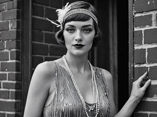 Black and white photograph of a person dressed in 1920s fashion Generated by AI