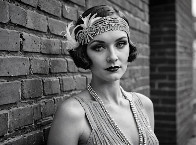 Black and white photograph of a person dressed in 1920s fashion Generated by AI