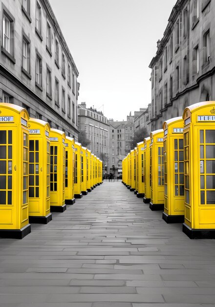 Black and white photograph of a row of yellow telephone booths at