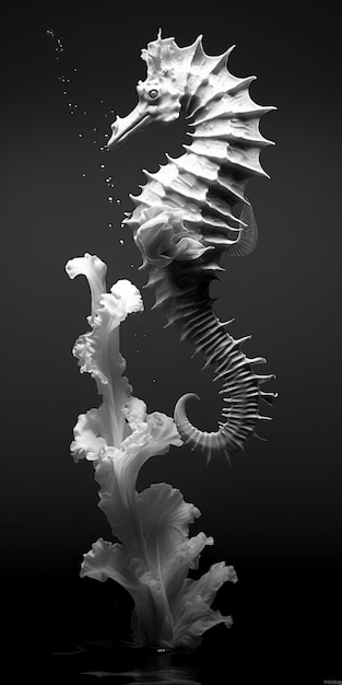 A black and white photograph of a seahorse.