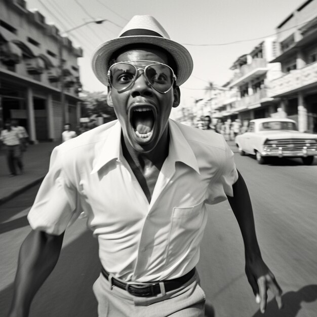 Photo a black and white photograph of a terrified denzel washington in a panama hat and white cuban