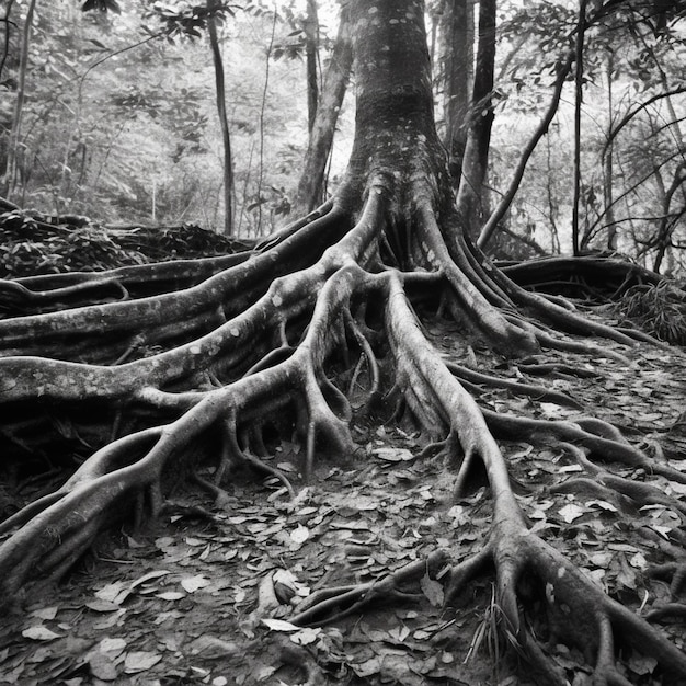 Black and white photograph of a tree with its roots exposed generative ai