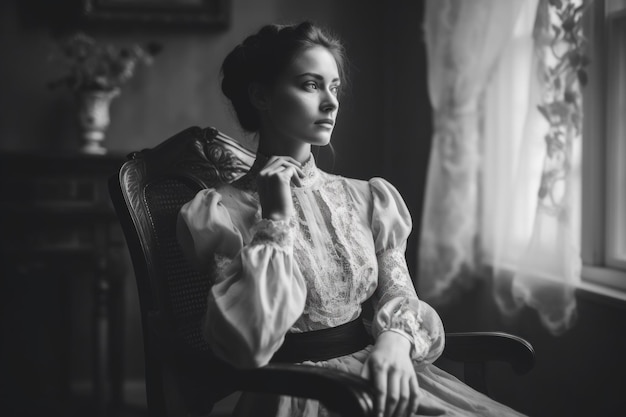 Photo black and white photograph of a woman sitting in a chair ai