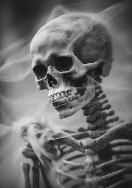 Black and white photographic skeleton in cloudy dark and chaotic selective focus conceptual installation art moody colors closeup romantic goth Ai generative art