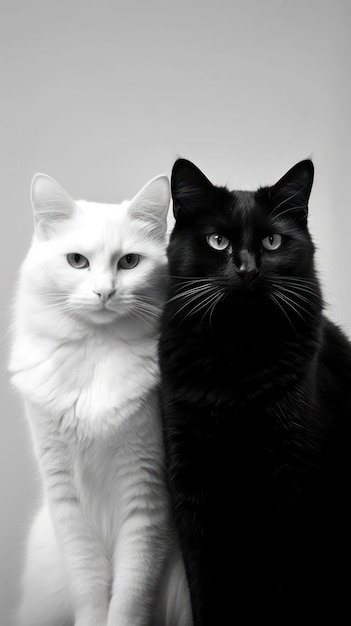 a black and white photography of a black cat and a white cat