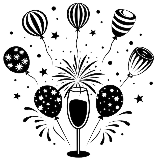 a black and white picture of balloons and a glass with the words quot champagne quot on it