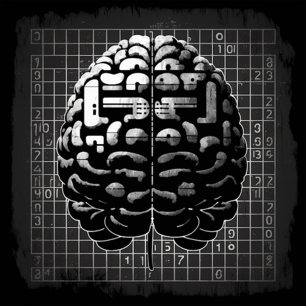 プラグと一連の数字が付いた脳の白黒写真。