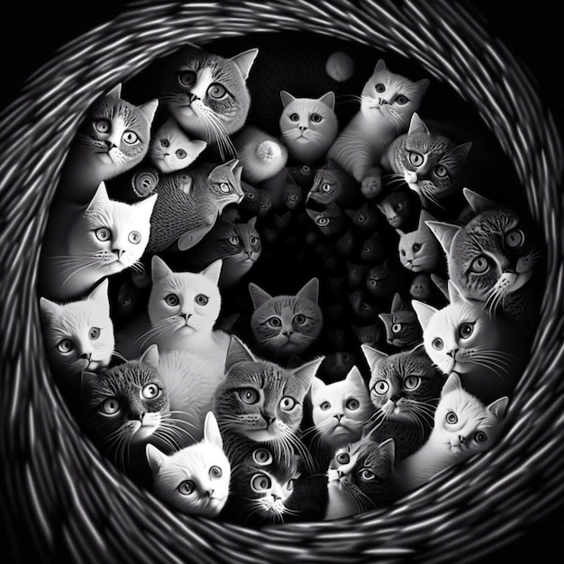 A black and white picture of a bunch of cats with one eye showing.