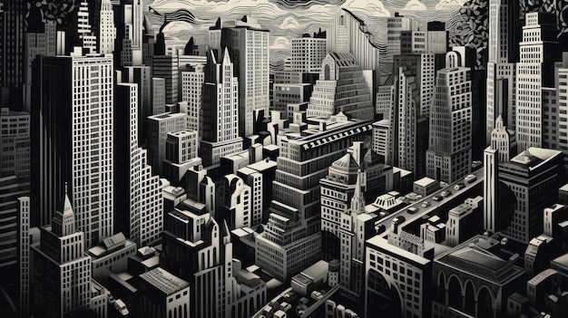 A black and white picture of a city with skyscrapers ai