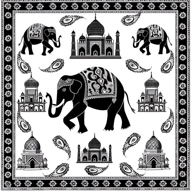 a black and white picture of an elephant with a design that says quot elephant quot