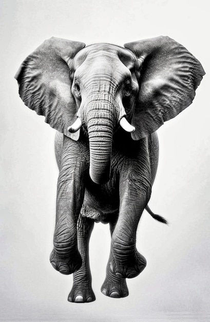 A black and white picture of an elephant with the head up.