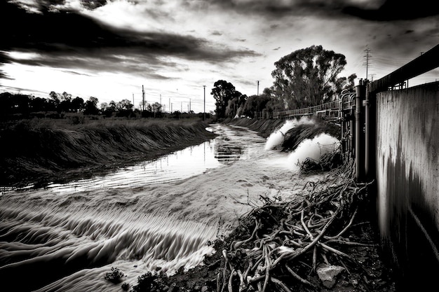 Black and white picture of environmental pollon from discharge of sewage