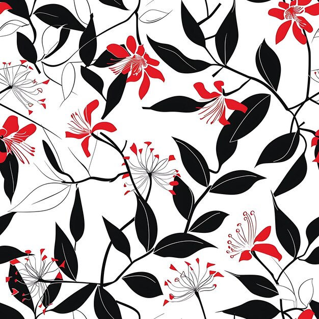 Photo a black and white picture of flowers and leaves with a red background