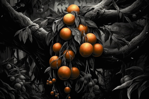 A black and white picture of oranges on a tree.