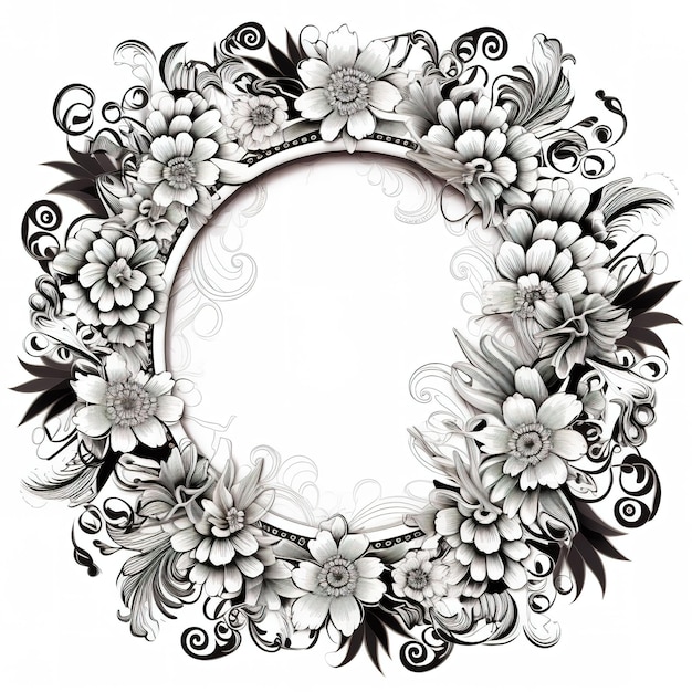 Photo a black and white picture of a round frame with a floral design on it.