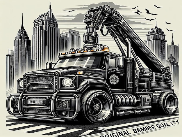 a black and white picture of a truck with a picture of a city skyline in the background