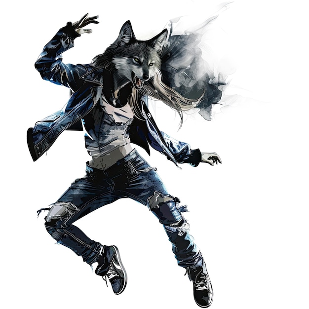 a black and white picture of a wolf with a wolf head on it
