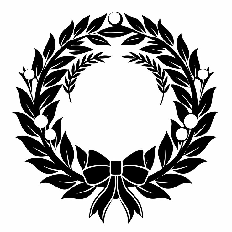 Photo a black and white picture of a wreath with flowers and a ribbon