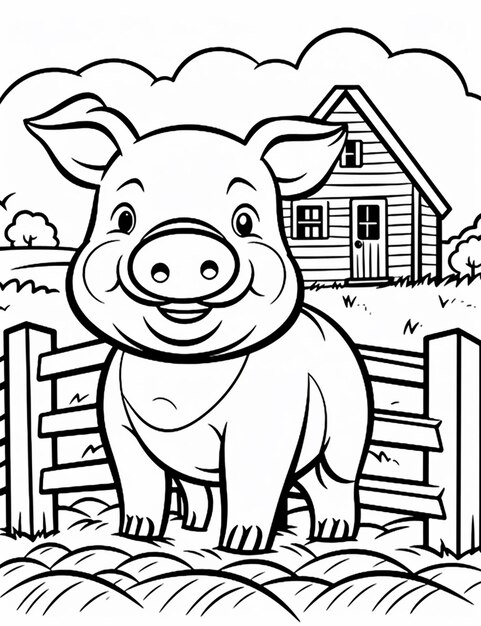 a black and white pig standing in front of a fence generative ai