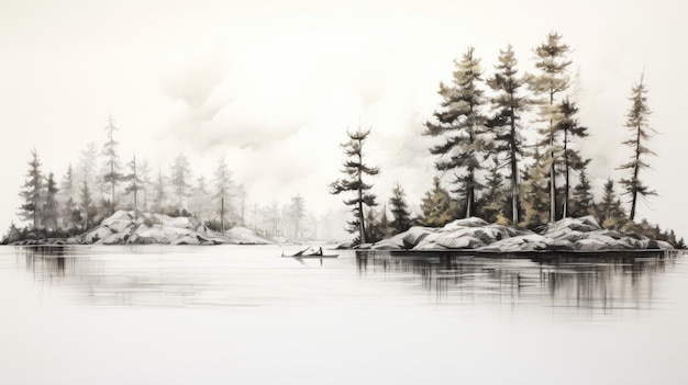 Foto pittura di pini bianchi e neri sul lago art paesaggistico realistico