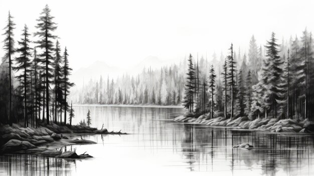 Photo black and white pine tree sketch detailed shading in 8k resolution