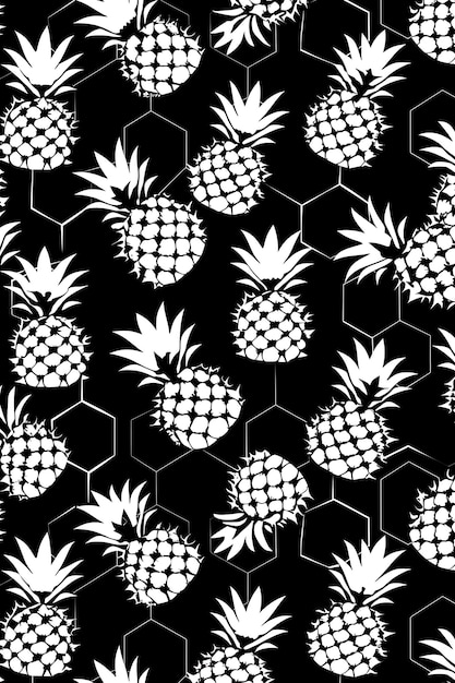 Photo a black and white pineapple with a black background with a pattern of pineapples