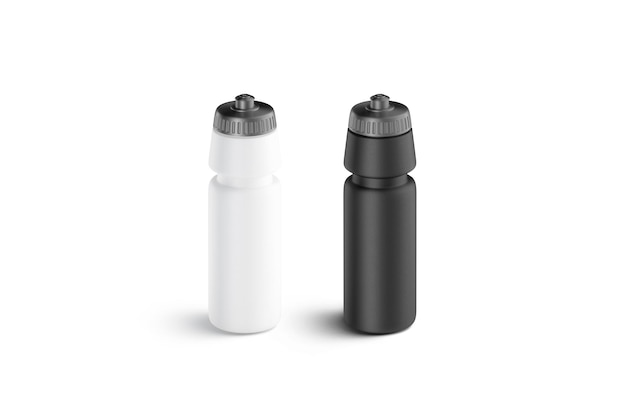 Black and white plastic sport bottle. Empty can with grey cap. Drink container with liquid for gym.