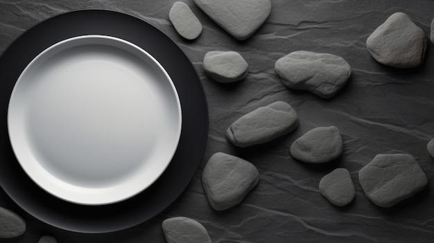 A black and white plate on top of rocks