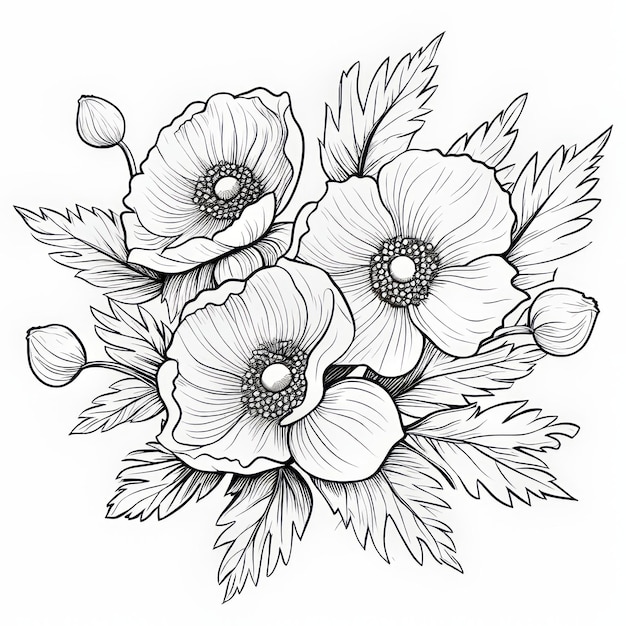 Black And White Poppy Flowers Dynamic Line Work Illustrations