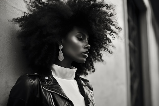 Black and white portrait of african american girl wearing black leather jacket against white wall