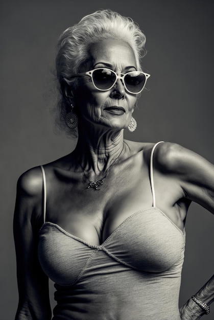 Black and white portrait of an attractive slim older woman posing Ai generated