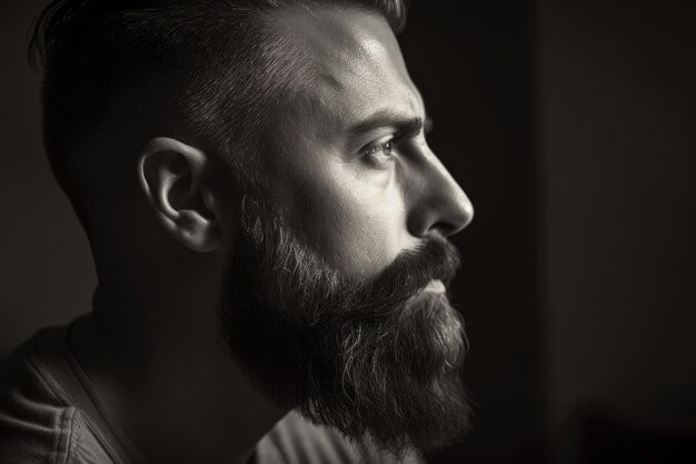 Black and white portrait of a bearded man with a contemplative gaze