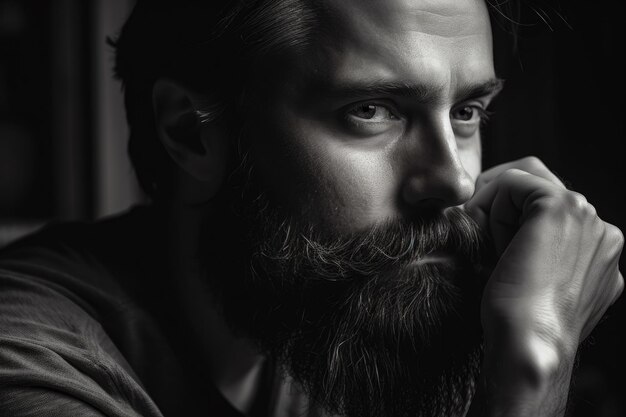 Black and white portrait of a bearded man with a contemplative gaze