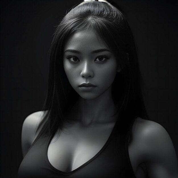 Black and white portrait of a beautiful asian woman on dark background