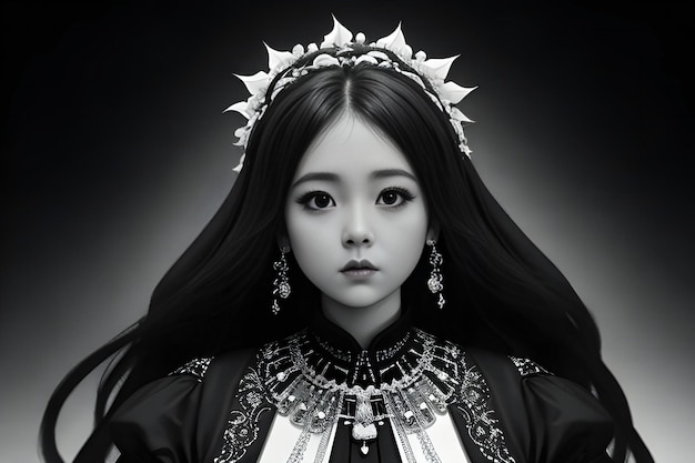 Black and white portrait of a beautiful asian woman in traditional costume