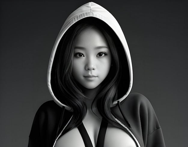 Black and white portrait of a beautiful asian woman with a hood