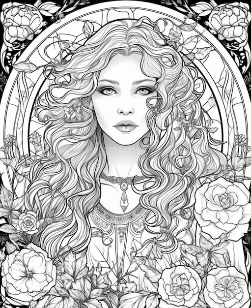 A black and white portrait of a beautiful girl with flowers in her hair.