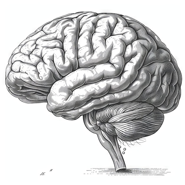 Photo black and white portrait of the brain in the style of detailed engraving rounded dotted light gray spatial generative ai