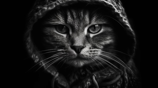 Black and white portrait of a cat in a hood on a black backgroundgenerative ai