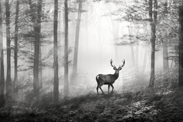 Foto ritratto in bianco e nero di cervi nello spazio della copia della foresta nebbiosa creato utilizzando la tecnologia generativa ai