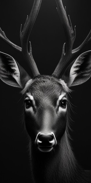 A black and white portrait of a deer with horns.