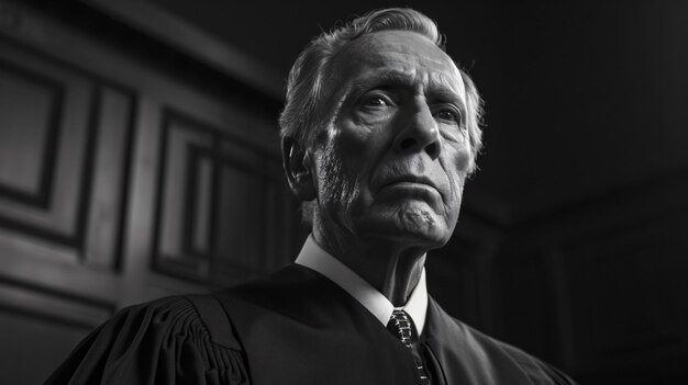 Photo a black and white portrait of an elderly judge looking down with a stern expression he is wearing a black robe and white tie